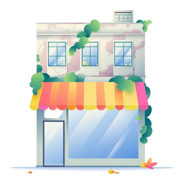 A bright, shiny storefront with polished glass is situated prominently in the foreground. The glass reflects the sunlight, creating a vivid contrast with the surroundings. Behind the storefront, a crumbling building is partially visible, with peeling paint and cracked walls. The building has broken windows, and vines creep up the sides, hinting at neglect. The storefront’s vibrant colors stand out against the dull, worn-out exterior of the building behind it. A few scattered leaves are on the ground, adding to the scene.