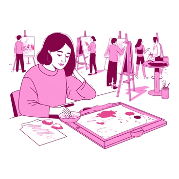 A pink patron is sitting at a white table, holding a paintbrush in their right hand, with a watercolor palette in front of them. The table is covered with various sheets of paper, some with colorful strokes of paint already applied. In the background, there are other patrons engaged in their own artwork, with several easels set up and watercolor supplies scattered around. The patron's focused expression shows their dedication to creating a beautiful painting.