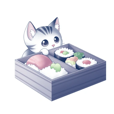 A cute cat with distinct markings is peeking out from inside a bento box. The box is filled with various types of sushi neatly arranged alongside a portion of white rice. The cat's eyes are wide with curiosity, and its ears are perked up. The bento box is rectangular with a traditional wooden texture, while the sushi includes colorful pieces, some wrapped in seaweed. The scene captures the playful interaction between the cat and the food.