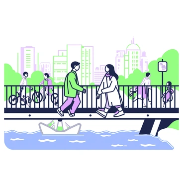 Two passersby are crossing a bridge and making eye contact. The first passerby is wearing a green jacket and has short brown hair. The second passerby is dressed in a purple scarf and has long black hair. The bridge has a series of vertical railings and spans over a flowing river below. In the background, the skyline can be seen with various buildings and trees lining the riverbank. The atmosphere is lively, with pedestrians walking in both directions and a few cyclists passing by.