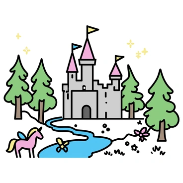 A large fairy-tale castle with tall, pointed towers and ornate turrets sits prominently in the center of the image. The castle is made of light gray stone with colorful banners hanging from the towers. Surrounding the castle are densely packed enchanted forests, filled with tall, green trees that have twisting trunks and vibrant leaves. Various mythical creatures are scattered throughout the scene; a unicorn with a shimmering coat stands in a clearing, while small fairies with delicate wings flit among the flowers. A gentle stream runs in front of the castle, reflecting the colors of the sky above.