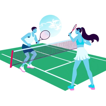 Two players, a man and a woman, are engaged in an intense tennis match on a well-maintained green tennis court. The man has short brown hair and is wearing a white tank top, blue shorts, and white tennis shoes. He is in a dynamic stance, preparing to hit a yellow tennis ball with a black racket. The woman has long dark hair pulled back into a ponytail, wearing a light blue sports top, white skirt, and bright blue tennis shoes. She is positioned on the opposite side of the net, poised and focused, ready to return the ball. The sun is shining brightly, casting sharp shadows on the court, with a clear blue sky overhead. Spectators can be seen in the background, watching intently as the match unfolds.