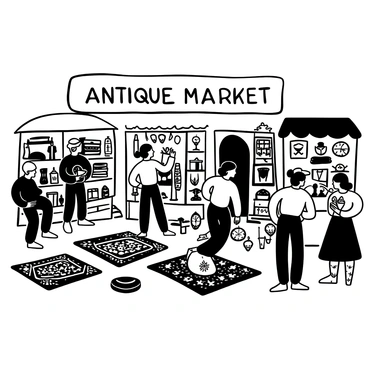 A bustling antique market with multiple stalls featuring a variety of vintage treasures. Each stall displays items like old books, ornate clocks, and intricate glassware. Curious visitors are browsing, examining items with interest. Some are engaged in conversation with vendors, while others are holding unique finds. The ground is filled with old rugs and objects creating a rich texture across the scene. A large banner reading "Antique Market" hangs overhead.