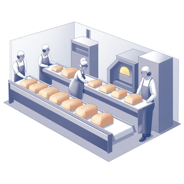 An interior view of a bread factory filled with industrial machinery. Conveyor belts are actively transporting freshly baked loaves of bread. The loaves are golden-brown, perfectly shaped, and lined up on the conveyor. Workers in aprons and hairnets are positioned at various points, monitoring the process and packaging the loaves. Large ovens are visible in the background, their doors slightly open, revealing more loaves coming out. The environment is bustling with activity and the aroma of fresh bread fills the air.