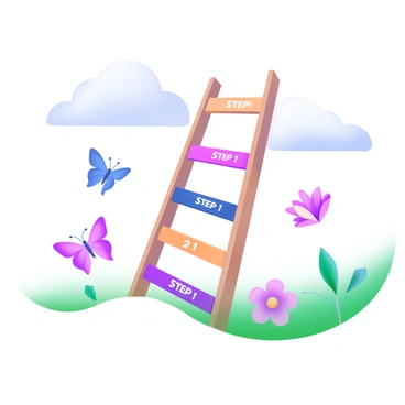 A modern pastel illustration of a wooden ladder extending upward into a bright, cloud-filled sky. Each rung of the ladder is clearly labeled with the words "Step 1", "Step 2", "Step 3", and so on, representing various stages toward accountability. The ladder stands on a grassy field, surrounded by cheerful flowers and butterflies fluttering around. In the background, soft blue and white clouds create a serene atmosphere, enhancing the sense of aspiration and progress.