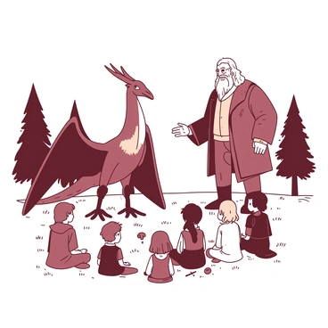 A large, friendly giant named Hagrid is standing in front of a group of students in a grassy field. He is wearing his usual coat and has a welcoming smile on his face. The students, various young witches and wizards, are seated on the ground, their eyes filled with curiosity. In the center of the scene, there is a majestic hippogriff with striking features, showcasing large wings and a proud stance. The hippogriff is looking at the students, inviting them to approach. Hagrid is gesturing towards the creature, encouraging the students to pay attention and learn about it. Several trees line the background, adding to the natural setting of the Care of Magical Creatures class.