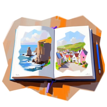 An open travel sketchbook resting on a wooden table, showcasing a collection of illustrations. The left page features a detailed drawing of the Cliffs of Moher, with their towering height and crashing waves below. The right page displays a quaint village scene from a small town in Ireland, complete with colorful houses and lush green hills in the background. A pencil rests on the table, hinting at ongoing creativity, and the edges of the sketchbook show signs of travel wear, capturing the essence of exploration.