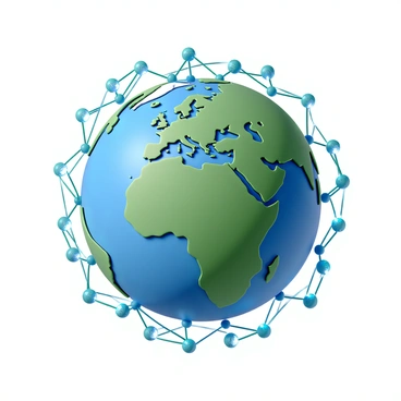 A globe featuring detailed topographical elements, showcasing continents and oceans in vibrant colors. Surrounding the globe, there are interconnected lines and nodes that represent global DNS networks, with small illuminated points signifying major cities. The lines are in various shades of blue and green, illustrating the complex web of connections that span across the globe. The overall composition emphasizes the dynamic and interconnected nature of the world's digital infrastructure.