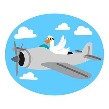 A goose wearing aviator goggles is confidently perched in the cockpit of a vintage airplane. The airplane features a shiny silver body with intricate details and a classic propeller at the front. It is soaring through a bright blue sky filled with fluffy white clouds that appear soft and billowy. The sun shines down, illuminating the scene and casting playful shadows on the airplane's wings. The goose looks determined as it steers the plane, with its feathers ruffled by the wind.
