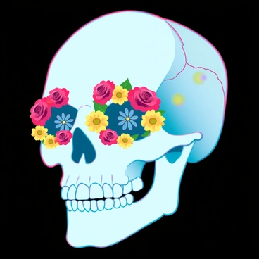 A detailed human skull with a smooth surface, prominently displaying "vibrant flowers" blooming from each eye socket. The flowers include a variety of colors such as deep red roses, bright yellow sunflowers, and delicate blue daisies. Each bloom is lush and full, contrasting sharply against the pale, textured bone of the skull. The arrangement of flowers appears natural, cascading slightly over the edges of the eye sockets. The skull is set against a contrasting dark background to enhance the vividness of the flowers.