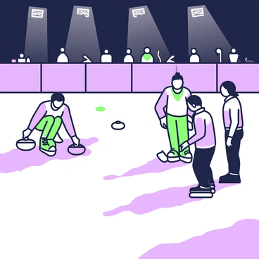 A nighttime curling match is taking place under bright floodlights. The ice surface glistens as it reflects the lights above. On the left, a team of two players is preparing to take their shot. One player is crouched down with a stone in their hand, focusing intently on their aim. The other player stands nearby, broom in hand, ready to sweep. To the right, the opposing team watches closely, dressed in matching uniforms. Shadows cast on the ice from the players and equipment enhance the dramatic atmosphere of the match. In the background, the outlines of spectators can be seen, creating an engaging scene.