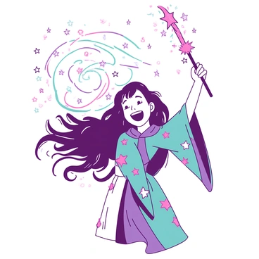 A young sorceress with long flowing hair is joyfully casting spells with a glowing wand held high in her right hand. She is wearing a flowing robe adorned with intricate patterns. Around her are numerous sparkling stars and vibrant sparkles swirling in the air, creating a magical atmosphere. The sorceress has a bright smile on her face, and her eyes shine with excitement as she conjures the enchanting display.