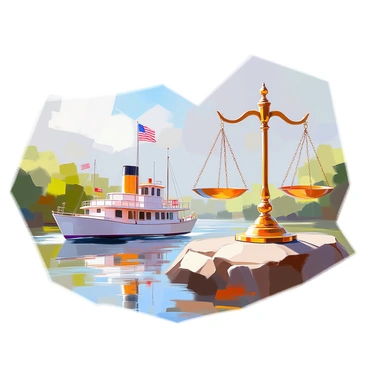 A creative representation of federalism featuring a vintage steamboat navigating a wide river, the boat is adorned with various flags symbolizing different states. Alongside the riverbank, a large scale of justice stands tall, balanced evenly with each side holding symbolic items representing federal and state powers. The river flows gently, reflecting the steamboat and the scale, while lush greenery lines the banks, enhancing the scene’s composition.