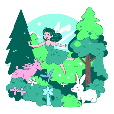 A teal fairy with delicate, shimmering wings is flying through a vibrant enchanted forest. The fairy's long hair flows behind her as she darts between tall, lush trees covered in bright green leaves. Surrounding her are various magical creatures, including a small pink unicorn with a sparkling mane, a blue dragonfly hovering nearby, and a white rabbit with oversized ears peeking out from behind a bush. The forest is filled with colorful flowers of different shapes, and soft, glowing lights float gently in the air, illuminating the whimsical scene.