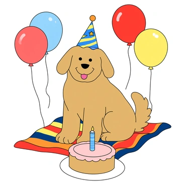 A cheerful dog with fluffy fur is sitting happily on a colorful blanket. It is wearing a vibrant party hat decorated with stars and stripes. Surrounding the dog are a variety of colorful balloons in shades of red, blue, and yellow, floating gently in the air. In front of the dog sits a small birthday cake, adorned with pastel frosting and topped with a single lit candle. The scene conveys a joyful celebration atmosphere, with the dog's tongue out and a playful expression.