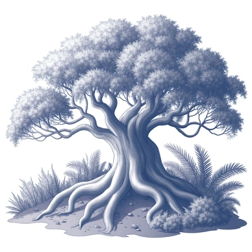 An expansive banyan tree with thick, twisting roots gripping the earth. The roots are prominent and widely spread, intertwining with surrounding soil and undergrowth. The scene is set in a dense jungle filled with thick vegetation, including various shrubs and ferns. Dappled light filters through the canopy above, casting shadows on the ground. The lifelike texture of the roots contrasts with the rich, dark earth that they hold.