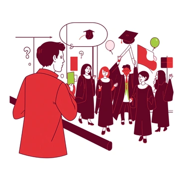 A red-clad person is standing at a distance, watching a graduation ceremony with a look of envy on their face. The individual has a thoughtful expression, imagining themselves wearing a black graduation cap and gown. In the background, a group of graduates is celebrating, some throwing their caps in the air, while others are receiving diplomas from an official. The scene is filled with colorful banners and balloons that signify the joyous occasion. The person’s hands are clasped together, and their eyes are intently focused on the graduates, lost in daydreams of achieving their own academic success.