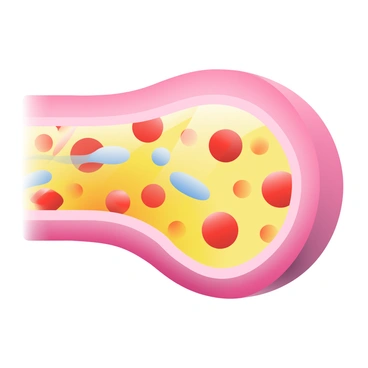 A cross-sectional view of a blood vessel is displayed, showcasing the inner lining and surrounding layers. The flowing plasma is depicted as a translucent yellow fluid, moving smoothly through the vessel. Red blood cells, characterized by their round, disc-like shape, are numerous and scattered throughout the plasma. Some white blood cells, larger and irregularly shaped, are also present, interacting closely with the red blood cells. The walls of the blood vessel are shown with a soft texture, emphasizing the contrast between the flowing components and the vessel structure. The overall composition highlights the dynamic movement within the blood vessel.