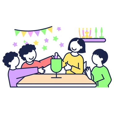 A dreidel is spinning on a wooden table in the center of the image. Surrounding the table, there are four children engaged in play. The first child, on the left, has curly hair and is wearing a blue shirt, leaning forward with excitement. The second child, who is in the middle, has straight hair tied in a ponytail and is wearing a yellow sweater, smiling while pointing at the dreidel. The third child, on the right, has short hair and is wearing a red t-shirt, clapping their hands. The fourth child is directly across from the dreidel, wearing a green shirt, eyes wide with anticipation. Behind them, colorful decorations are hung on the wall, and a menorah with lit candles is visible on a shelf in the background.