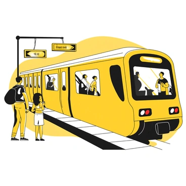 A subway train in a sleek black-and-yellow design is approaching a platform. The train has large windows reflecting the surrounding area. On the platform, several passengers are waiting to board the train. The passengers include a man carrying a backpack, a woman holding a coffee cup, and a child looking up at the train with excitement. There are signs indicating the train's destination above the platform. The overall atmosphere conveys the daily hustle of commuters.