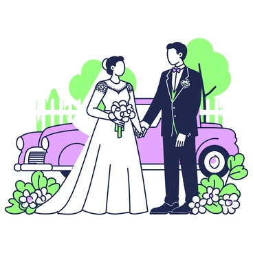 A wedding couple stands together in a garden setting, surrounded by blooming flowers. The bride is wearing a classic lace wedding dress with a fitted bodice and a full skirt, complete with a long veil that flows down her back. She holds a bouquet of white flowers in her hands. The groom is dressed in a dark suit, featuring a crisp white shirt and a bowtie. He is gently holding the bride's hand with a warm smile. Behind them, there are trees and decorative elements that hint at a vintage theme, such as a white picket fence in the background. A classic car can be seen parked nearby, adding to the atmosphere of the 1950s.