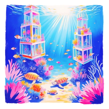 A submerged city lies beneath the ocean, with tall, intricate buildings made of coral and glass. The buildings are interconnected by transparent glass tunnels that allow for views of the vibrant aquatic life swimming nearby. Schools of colorful fish dart through the water, while large sea turtles glide gracefully past the structures. Sunlight filters through the surface, casting shimmering patterns on the sandy ocean floor. Coral reefs grow around the buildings, adding splashes of color to the scene.
