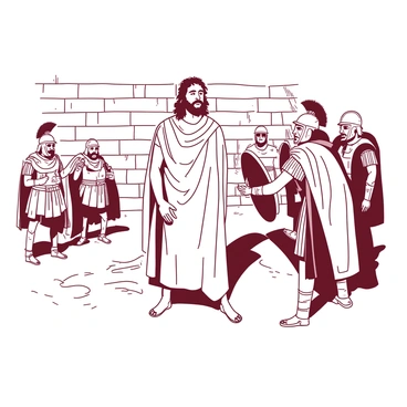A scene depicting "John the Baptist" standing calmly with a composed expression as "Roman soldiers" surround him. John is wearing a simple, flowing garment that drapes around his figure. The soldiers are clad in traditional armor, with helmets and shields, their faces showing determination. The atmosphere is tense as one of the soldiers reaches out to grab John’s arm, while others stand with their weapons drawn. The background features a stone wall and a few onlookers observing the scene, creating a sense of urgency and conflict.