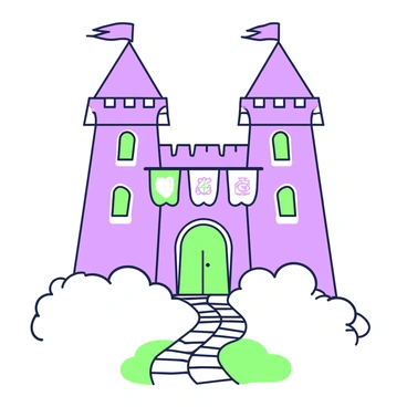 A castle rises amidst dense fog, its tall stone towers and battlements partially obscured. The structure features multiple arched windows and a large wooden door that serves as the entrance. Banners with intricate designs hang from the battlements, fluttering in an unseen wind. Surrounding the castle, the fog swirls around, creating a mysterious atmosphere, while the ground is dotted with uneven stone pathways leading toward the castle entrance.