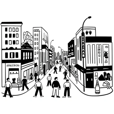A black-and-white illustration of a bustling city street filled with various sketched buildings of different architectural styles, including tall skyscrapers and quaint shops. There are numerous people walking along the sidewalk, some carrying bags and others engaged in conversation. Street lamps and traffic signs are scattered throughout the scene, adding to the urban atmosphere. In the background, a hint of a skyline can be seen, indicating the city's expanse. The overall composition fills the 9x12 illustration board, showcasing the vibrancy of city life.