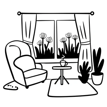 A cozy room with soft furnishings and a lightly textured rug on the floor. There is a large window with delicate curtains drawn to the side, framing a view of a garden. The garden is filled with blooming proteas, showcasing their unique shapes and intricate details. A small table by the window holds a steaming cup and an open book, inviting relaxation. A potted plant sits in the corner, adding to the room's warm atmosphere.