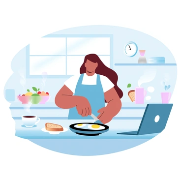 A woman in a bright kitchen is preparing breakfast while engaging in a video call. She is wearing an apron over a casual outfit. The kitchen counters are filled with various breakfast items, including a frying pan with eggs and a bowl of fresh fruit. A laptop is positioned in front of her, displaying the video call interface. Steam is rising from a cup of coffee and a slice of toast is in a toaster nearby. The light from a window casts a warm glow over the scene, enhancing the lively atmosphere. A clock on the wall indicates it's morning.