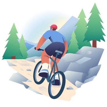A cyclist wearing a bright red helmet and black sunglasses is navigating a challenging mountain biking trail. The cyclist has short brown hair and is dressed in a fitted blue jersey and black padded shorts. The trail is rocky and steep, with patches of dirt and scattered pine needles. In the background, there are tall, green trees bordering the trail, and the mountain slopes can be seen rising sharply. The cyclist's bike is a sleek, black mountain bike with thick tires, and small rocks are kicked up behind as they pedal forward. Sunlight filters through the trees, creating dappled light patterns on the ground.