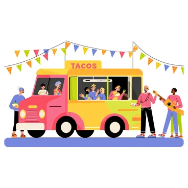 A colorful Mexican taco truck with vibrant red, yellow, and green designs is parked on a bustling street corner. The truck has a large sign that says "Tacos" in bold, playful letters. A diverse crowd of people, including families and friends, gathers around the truck, some holding delicious tacos filled with fresh ingredients. Nearby, a street musician plays a lively tune on a guitar, adding to the festive atmosphere. Colorful decorations, such as papel picado banners, hang above the scene, creating a joyful and lively environment.