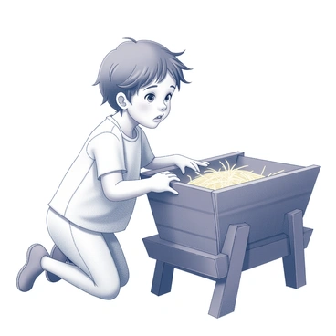 A child with tousled hair is kneeling next to a wooden manger. Their wide eyes are filled with curiosity as they lean forward, peering intently inside. The child is dressed in a simple, light-colored outfit, and their small hands are resting on the edge of the manger. The scene captures a moment of innocence and fascination, with the child’s facial expression reflecting wonder. The manger itself is rustic, made of dark wood, and contains straw, adding to the authentic atmosphere of the setting.