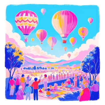 A sky filled with "colorful hot air balloons" floats gracefully during a festival. Each balloon displays vibrant patterns and hues, including reds, yellows, blues, and greens. In the foreground, a group of people watches in awe, some pointing up while others take photos. The sun casts a warm glow over the scene, highlighting the details of each balloon as they gently sway in the breeze against a backdrop of fluffy white clouds. Below, the ground is dotted with picnic blankets and cheerful families enjoying the festivities.
