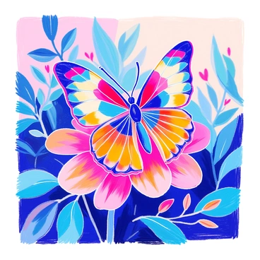 A butterfly with vibrant, geometric patterns is resting on a flower. The butterfly displays a mix of bright colors including blues, reds, and yellows, with sharp angles creating a low-poly appearance. The flower beneath it features large petals in shades of pink and orange, contrasting beautifully with the butterfly's vivid colors. The butterfly's wings are slightly spread, showcasing the intricate design. The scene captures the moment of tranquility as the butterfly perches delicately on the flower, surrounded by lush green leaves.