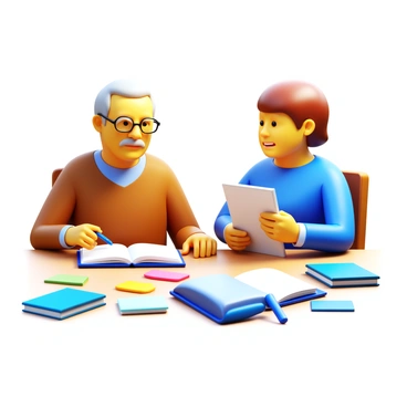 A mentor sitting at a desk, engaged in a discussion with a mentee. The mentor is an older individual with glasses, wearing a sweater, and is pointing to an open book on the desk. The mentee, a younger person, has a notepad and pen in hand, looking attentively at the mentor. Several open books are scattered on the desk, along with colorful notes and stationery. Soft light illuminates the scene, highlighting the focus on their conversation and the materials spread around them.