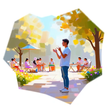 A person with medium skin tone is using sign language to communicate in a park. They are standing amidst green trees and colorful flowers, dressed in a casual blue t-shirt and jeans. A bright sun is shining down, casting gentle shadows on the ground. Nearby, a small group of people are engaged in various activities, adding a lively atmosphere to the scene. The person’s facial expression is focused and expressive as they convey their message through hand gestures.