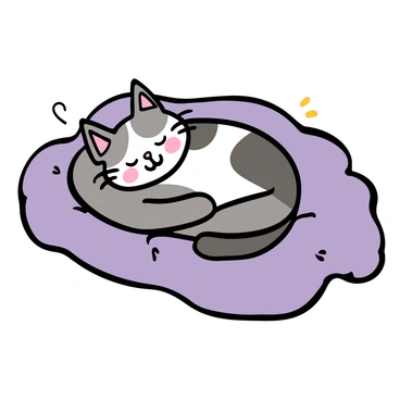 A fat cat with soft fur in various shades of gray and white is curled up on a fluffy blanket. The cat has a content smile on its face, with its eyes gently closed, conveying a sense of peace. The blanket is textured and plush, featuring a light pastel color. The setting is cozy and inviting, highlighting the cat's relaxed posture as it naps comfortably.