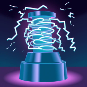 A large Tesla coil stands in the center of a dark room, with metallic surfaces reflecting the dim light. It emits vibrant arcs of electricity that twist and dance through the air in shades of blue, purple, and green. The arcs illuminate the space, casting an eerie glow on the surrounding walls. Shadows flicker and shift as the electrical discharges create dynamic patterns, while sparks occasionally shoot outward, adding to the dramatic atmosphere.