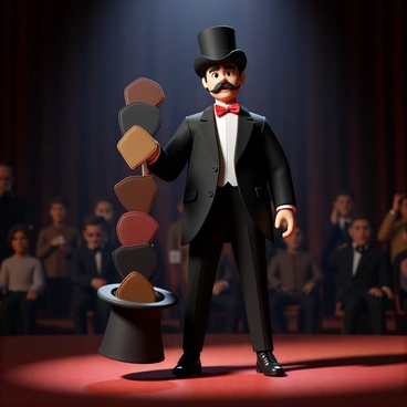 A magician with a sleek black suit and a top hat stands confidently on stage. He has a well-groomed mustache and is wearing a red bow tie. With a flourish, he reaches into his top hat and begins to pull out an endless string of empty wallets. Each wallet is distinct, featuring various colors and textures such as leather and fabric. The stage is illuminated by bright spotlighting, casting dramatic shadows as the magician showcases his trick. The audience in the background watches in awe, with expressions of surprise and curiosity on their faces.