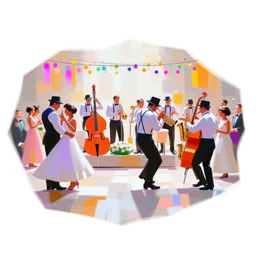 A large jazz band is performing at a vintage wedding reception, with several musicians playing various instruments including trumpets, saxophones, and a double bass. They are positioned on a raised platform, wearing classic formal attire, such as black suits and bow ties. The dance floor is filled with couples elegantly dressed in vintage wedding attire, moving joyfully to the lively music. Several women wear flowing dresses while men don suspenders and fedoras, creating a festive atmosphere. Colorful decorations, such as string lights and floral arrangements, enhance the setting, adding to the celebratory mood.