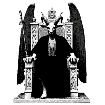 A figure of Baphomet is seated on a grand, ornate throne with intricate carvings. The throne has elaborate designs that showcase various symbols and patterns. Baphomet is depicted with a goat's head, pointed ears, and large wings that are folded behind the throne. The figure is holding a scepter in one hand, which is adorned with detailed motifs. The surrounding space includes elements like a patterned floor and hints of grandeur in the architectural structure of the throne itself.