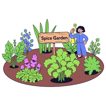 A lush spice garden filled with vibrant green plants. Various spices are growing, including tall stalks of basil, bushy cilantro, and clusters of colorful chili peppers. In the center of the garden, a guide stands next to a wooden sign that has "Spice Garden" written on it in bold letters. The guide is pointing towards a plant while explaining its properties. The sunlight casts gentle shadows on the rich soil, highlighting the health and variety of the spices.