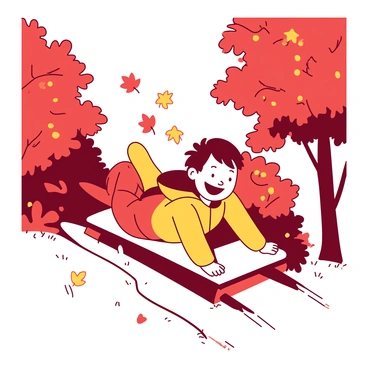 A child wearing a yellow jacket is sliding down a hillside covered in vibrant red and orange autumn leaves. The child has a big smile on their face, with a joyful expression as they glide down. The surrounding trees are adorned with leaves in shades of red and orange, creating a stunning backdrop. A few leaves are caught mid-air as they flutter down around the child. The hillside slopes gently, with patches of grass peeking through the leaves.