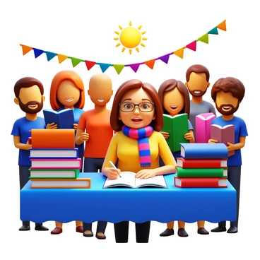 An author sitting at a table, signing books for enthusiastic fans. The author is a middle-aged woman with glasses, wearing a colorful scarf. Various books are stacked on the table, displaying vibrant covers. Fans of different ages gather around, some holding books, while others are smiling for photos. Colorful banners and decorations are visible in the background, indicating a lively literary festival atmosphere. The sun is shining, creating a warm, inviting ambiance.