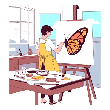 An artist is standing in a bright studio, focused on painting a large monarch butterfly on a white canvas. The artist has short black hair and is wearing a yellow apron splattered with paint. The canvas is positioned on a tall easel, and the butterfly is depicted with intricate details including its orange and black wings fully spread. Surrounding the artist, there are various art supplies like brushes and paint tubes scattered on a wooden table, and sunlight streams in through large windows, illuminating the vibrant colors in the studio.