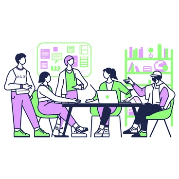 A group of local entrepreneurs are gathered in a community center, engaged in a collaborative meeting. In the center of the room, a large table is covered with various resources such as brochures, laptops, and notebooks. Several individuals are sitting around the table, discussing and exchanging ideas, one of whom is pointing at a laptop screen. On one side of the room, a whiteboard is filled with colorful diagrams and notes. In the background, shelves are lined with books and materials related to business development. The atmosphere is dynamic, reflecting a spirit of innovation and teamwork.