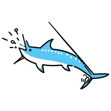 A marlin, with a long, slender body and a pointed bill, is seen underwater, swimming dynamically. It is positioned below the surface, clearly visible from above. The angler is depicted holding a fishing rod, with the line taut, indicating a struggle. The fishing rod is made of dark material with a shiny reel, and the angler's hand grips it firmly. Sunlight filters through the water, casting scattered light patterns on the marlin's iridescent blue and silver scales. Bubbles rise around the fish, emphasizing its movement.