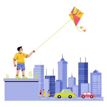 A child with short brown hair is standing on a rooftop, holding a string with a colorful kite soaring high in the blue sky. The kite features vibrant red, yellow, and green patterns, fluttering in the wind. Below, a bustling city skyline is visible, with various tall buildings, some with reflective glass windows. People can be seen walking on the streets, and cars are moving along the roads. The rooftops are dotted with small plants and antennas, adding detail to the urban setting.